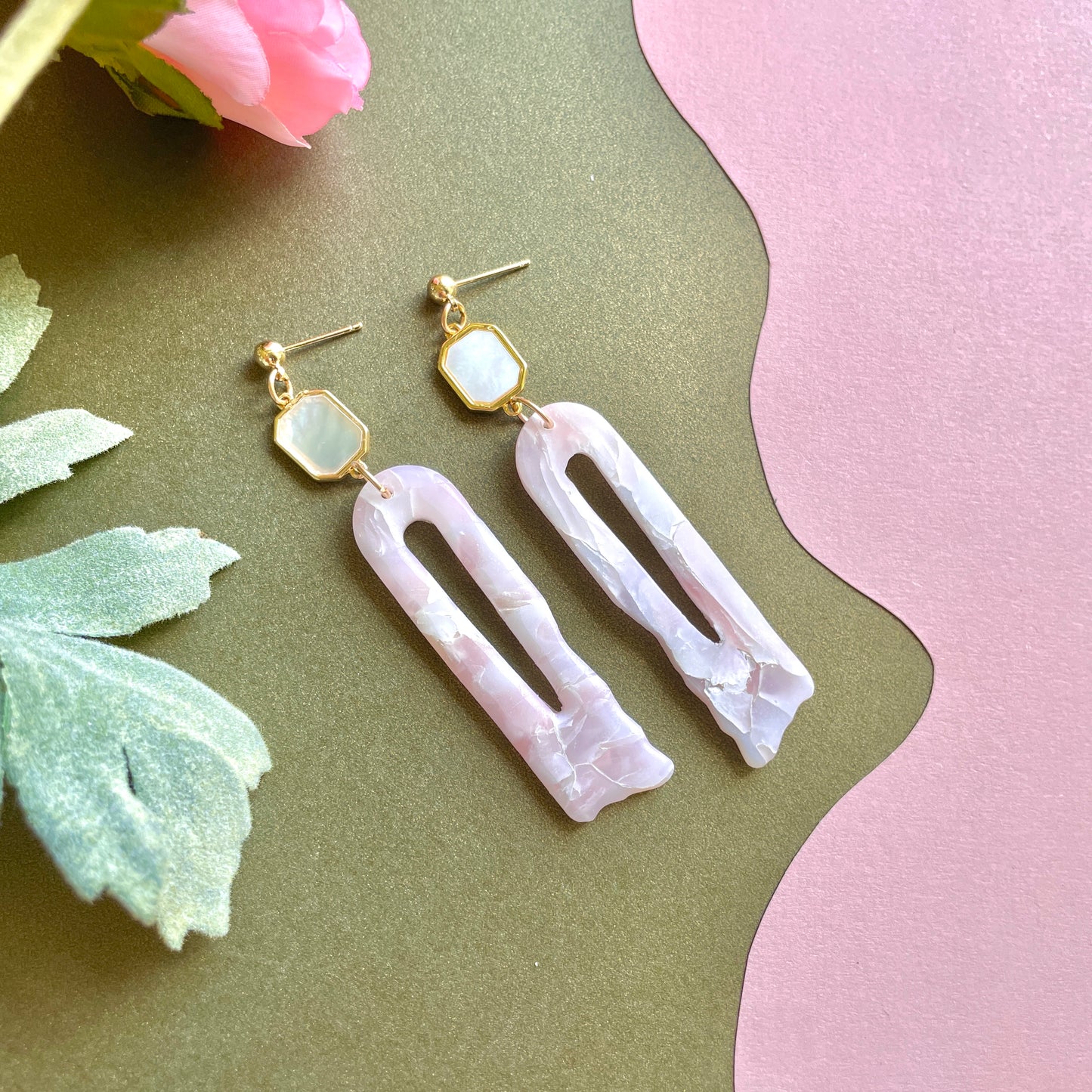 Pink Agate Organic Arches with Pearl Connectors