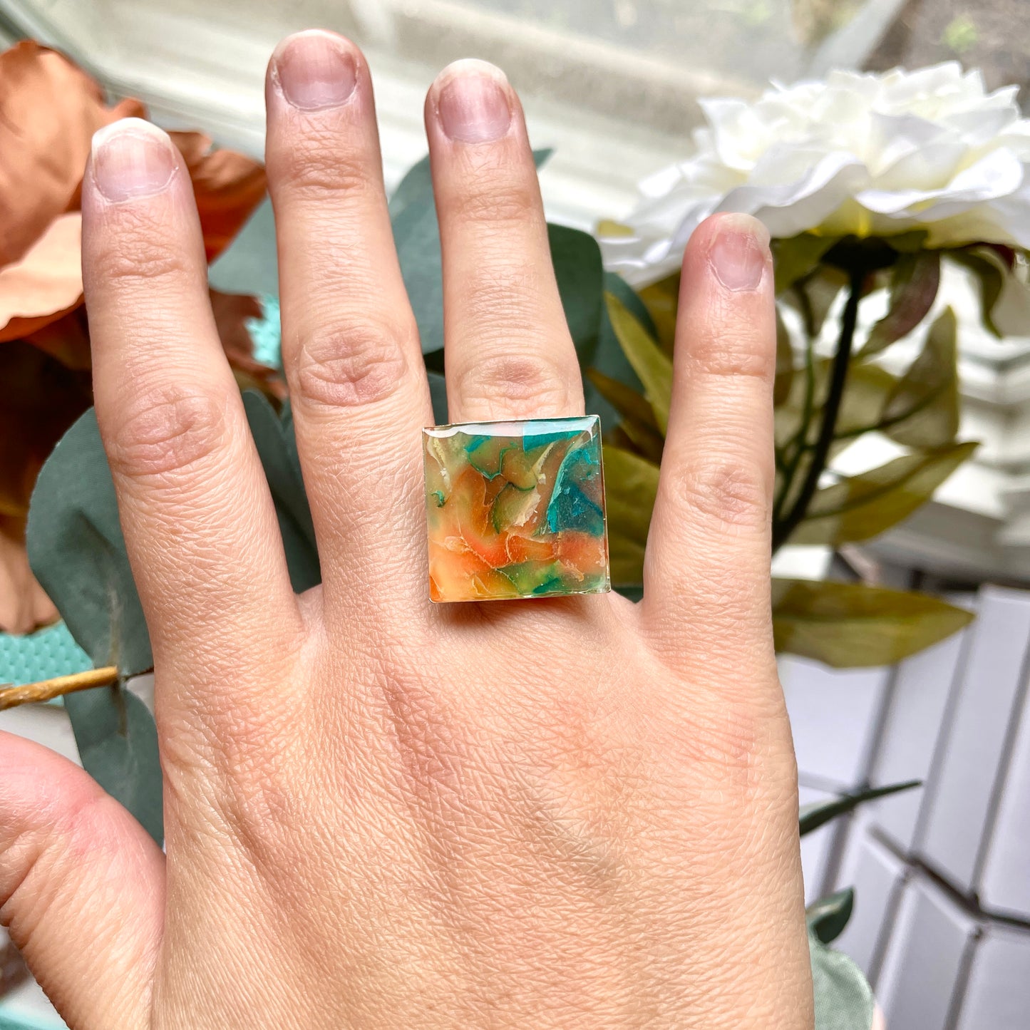 Large Sunrise Quartz Square Silver Ring