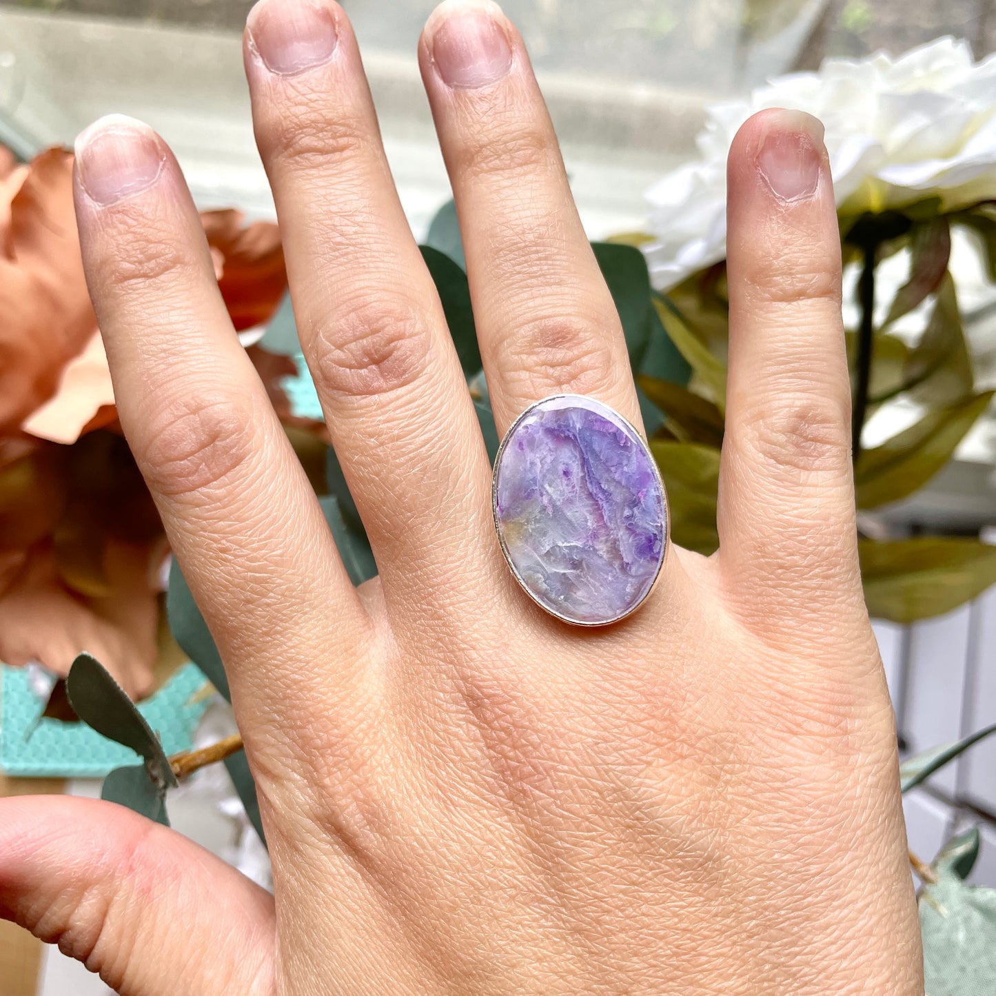 Amethyst Agate Oval Silver Ring