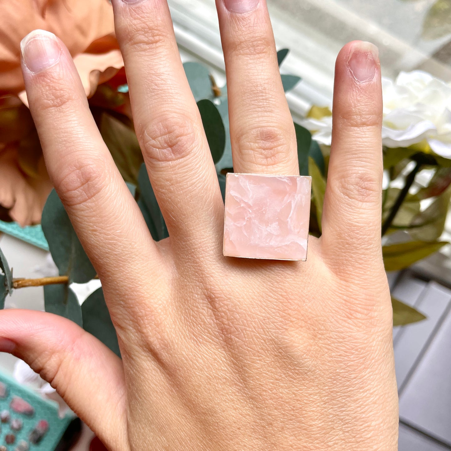 Pink Quartz Square Silver Ring
