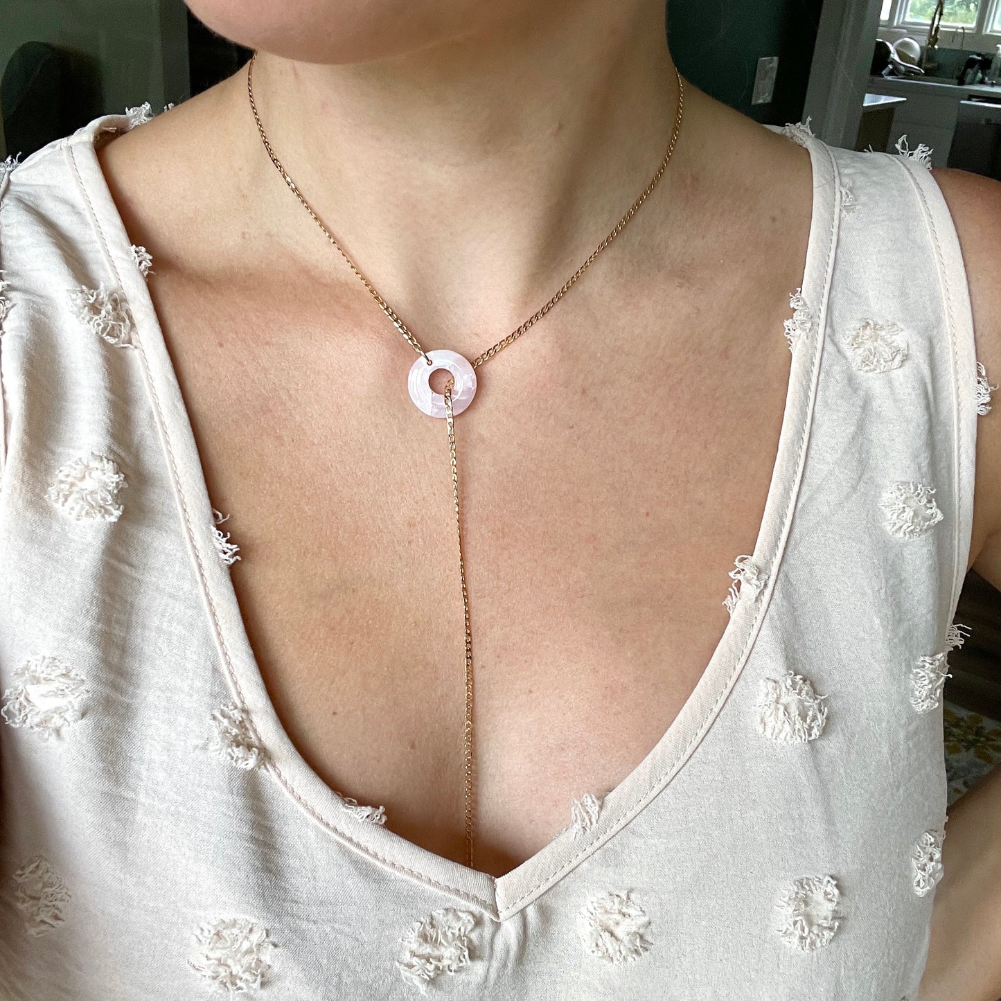 Light Pink Agate Hoop & Drop Lariat