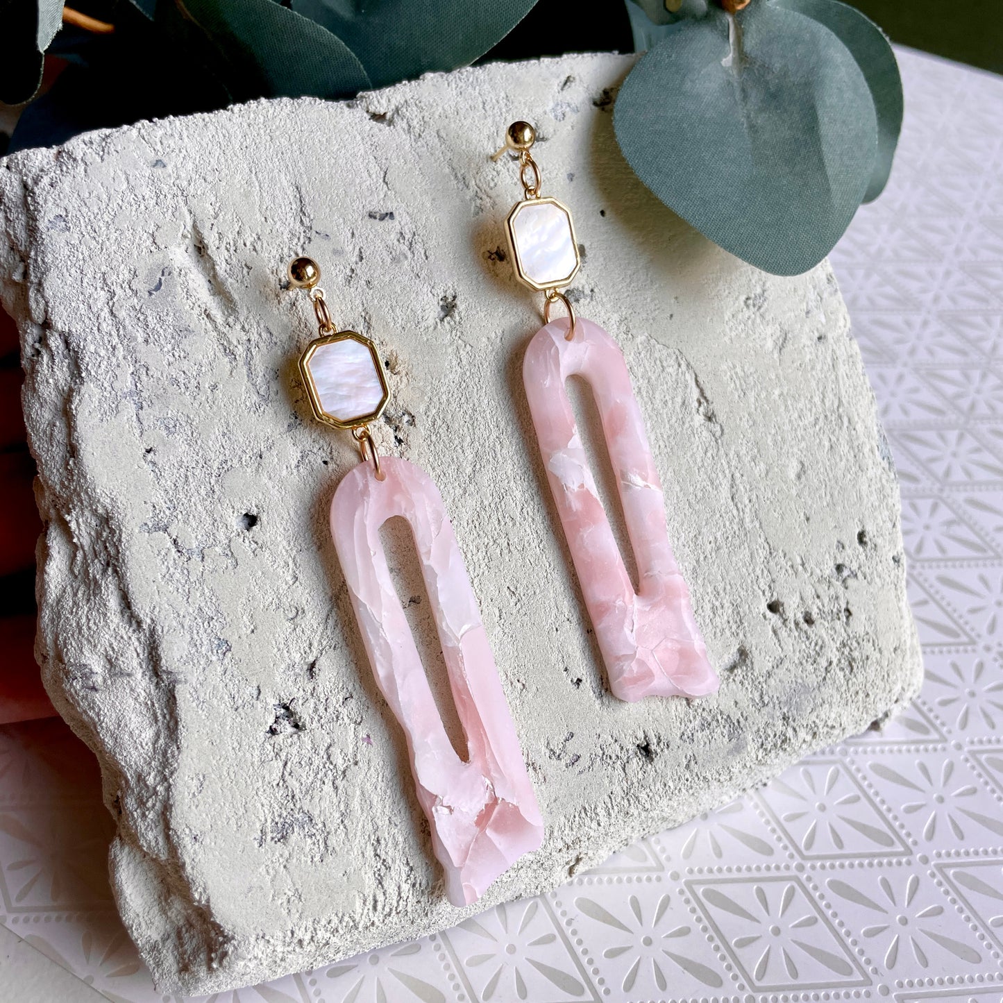 Pink Agate Organic Arches with Pearl Connectors