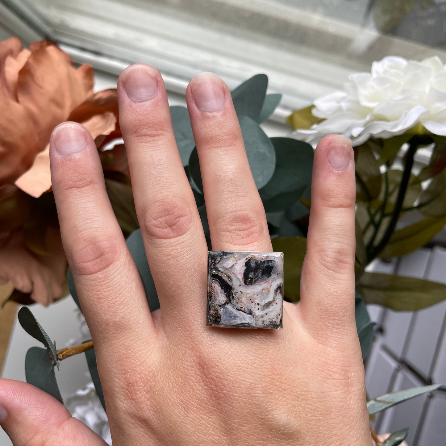 Large Calico Marble Square Silver Ring 2