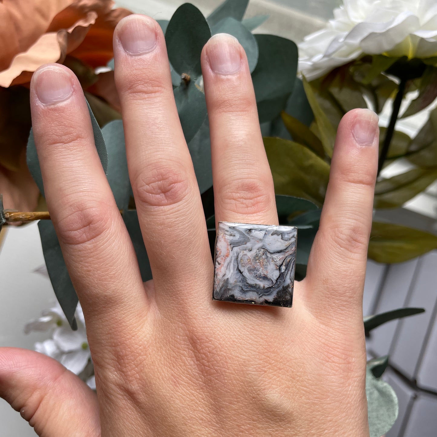 Large Calico Marble Square Silver Ring 1